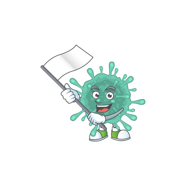 Un diseño patriótico del personaje de la mascota coronavirus sosteniendo la bandera de pie — Vector de stock