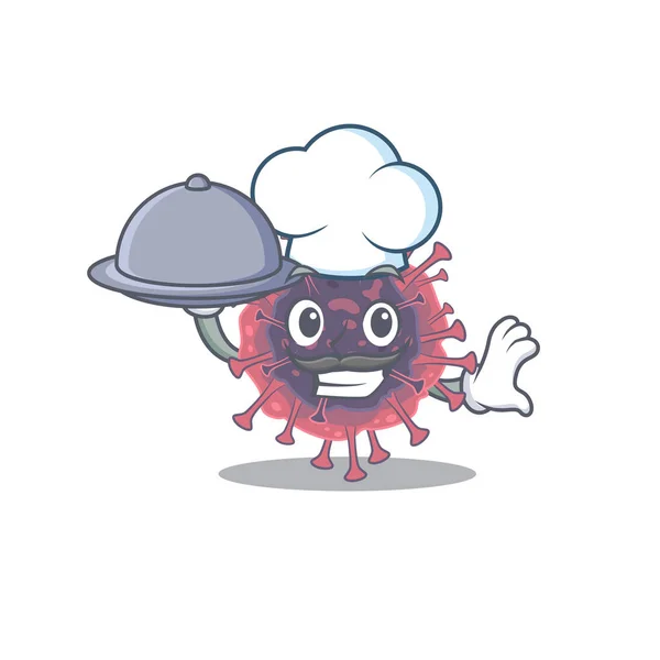 Microbiología coronavirus como un personaje de dibujos animados chef con comida en bandeja — Vector de stock