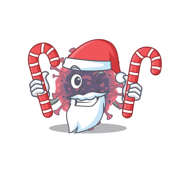 Amical microbiologie coronavirus dans Santa personnage de bande dessinée ayant des bonbons — Image vectorielle