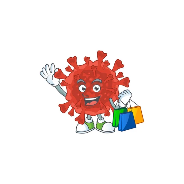 Смайлик багатий червоний вірус корона талісман дизайн з сумкою для покупок — стоковий вектор