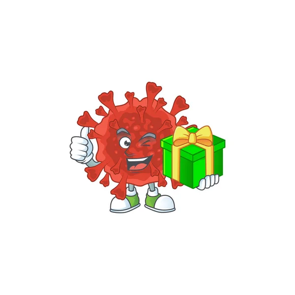 Karakter kartun virus corona merah ceria memegang kotak hadiah - Stok Vektor
