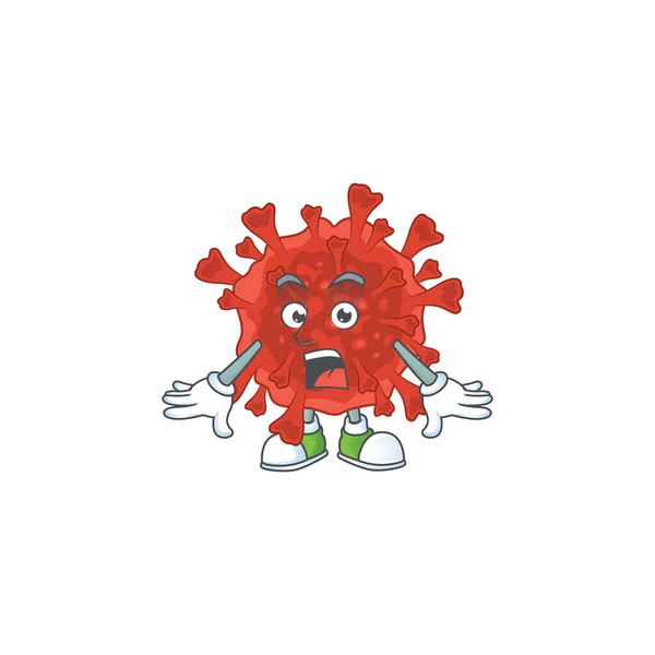 En maskot design av röd koronavirus gör en förvånad gest — Stock vektor