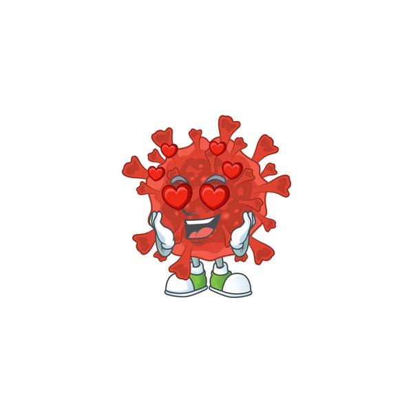 Romantický červený korona virus kreslený postava s zamilovaným obličejem — Stockový vektor