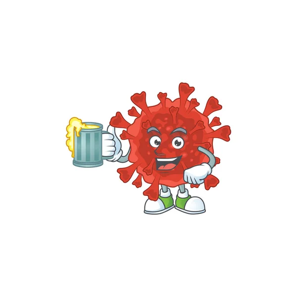 Un concetto di cartone animato di virus della corona rossa con un bicchiere di birra — Vettoriale Stock