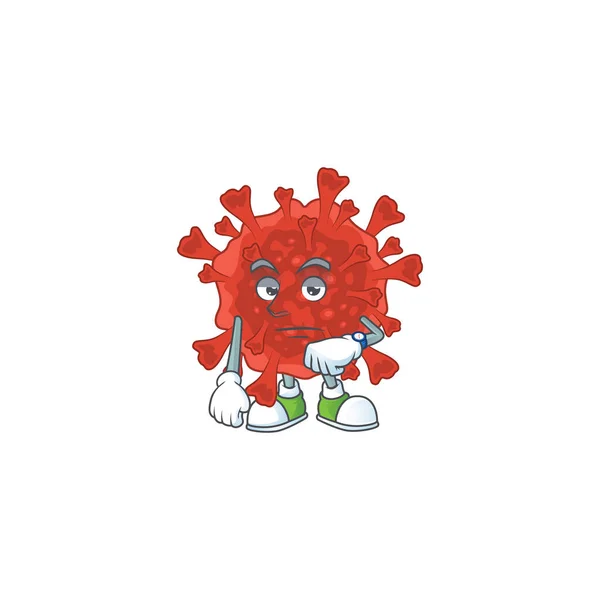 Une icône de dessin animé du virus de la couronne rouge avec geste d'attente — Image vectorielle