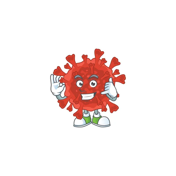 Chiamami gesto divertente rosso corona virus mascotte disegno del fumetto — Vettoriale Stock