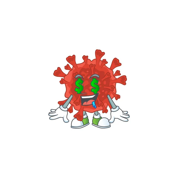 Rik röd koronavirus med pengar öga maskot karaktär koncept — Stock vektor