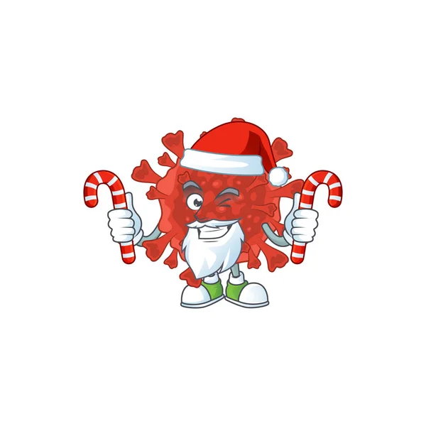 Friendly red corona virus in Santa Cartoon character with candies — Stockvektor
