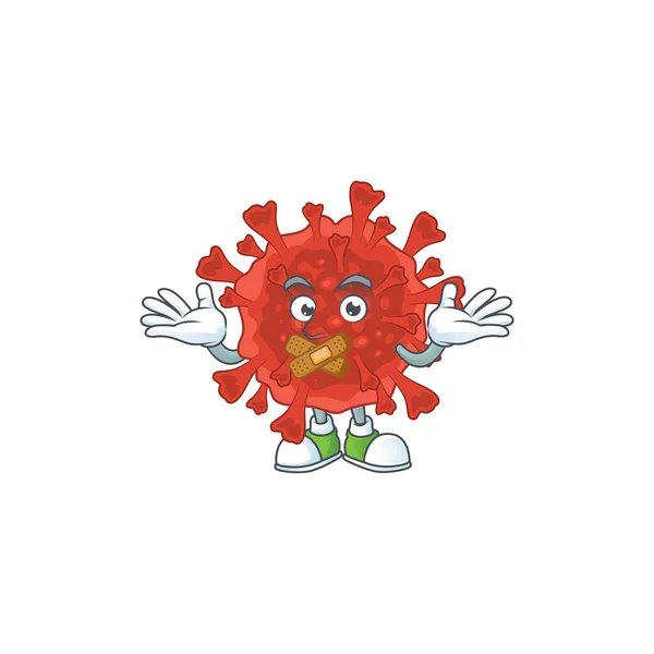 Red corona virus personaggio dei cartoni animati concetto mostrando gesto silenzioso — Vettoriale Stock
