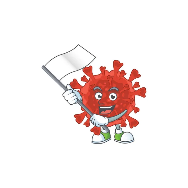 Un diseño patriótico del personaje de la mascota del virus corona roja sosteniendo la bandera de pie — Archivo Imágenes Vectoriales