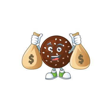 Mutlu zengin çikolata maskotu tasarımı para çantaları taşıyor.