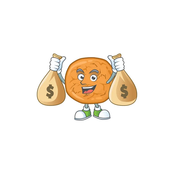Happy rich molasses cookies mascot design carries money bags — Wektor stockowy