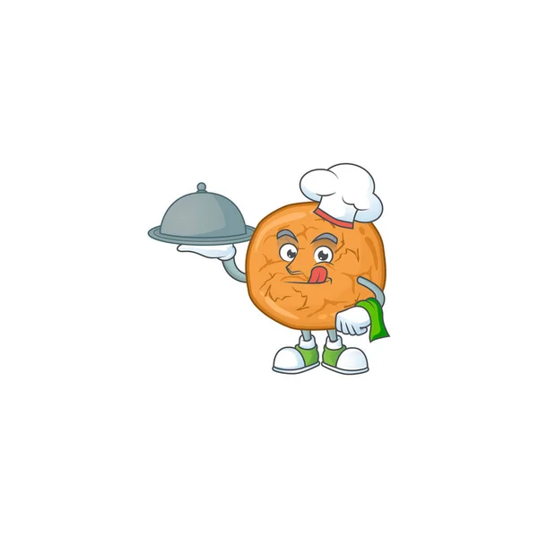 Chef personaje de dibujos animados de galletas de melaza con comida en bandeja — Vector de stock