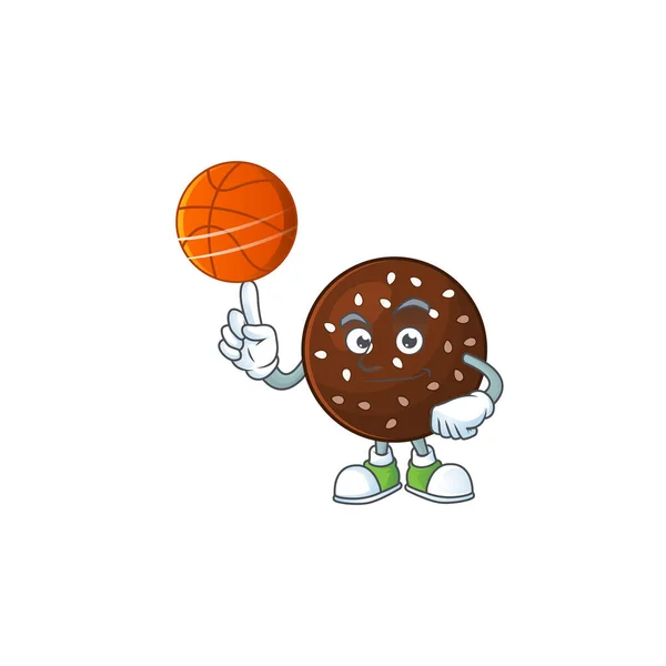 Привлекательный дизайн мультяшного талисмана chokladboll с баскетболом — стоковый вектор