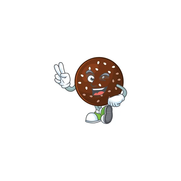 Une joyeuse mascotte chokladboll design montrant ses deux doigts — Image vectorielle