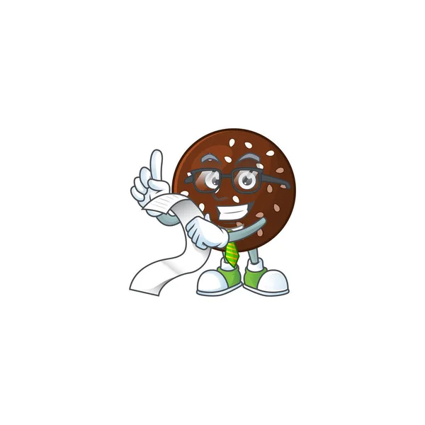 Cartoon character of chokladboll holding menu on his hand — Stock Vector