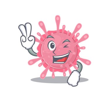 Cheerful corona virus germ mascot design with two fingers