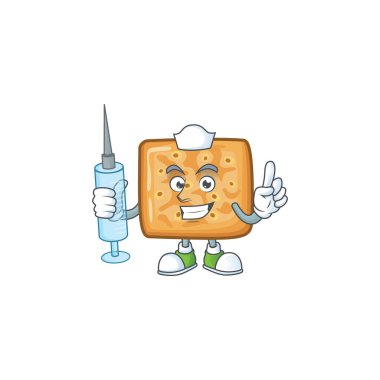 Şırınga kullanan sevimli bir kraker maskotu tasarımı hemşiresi.