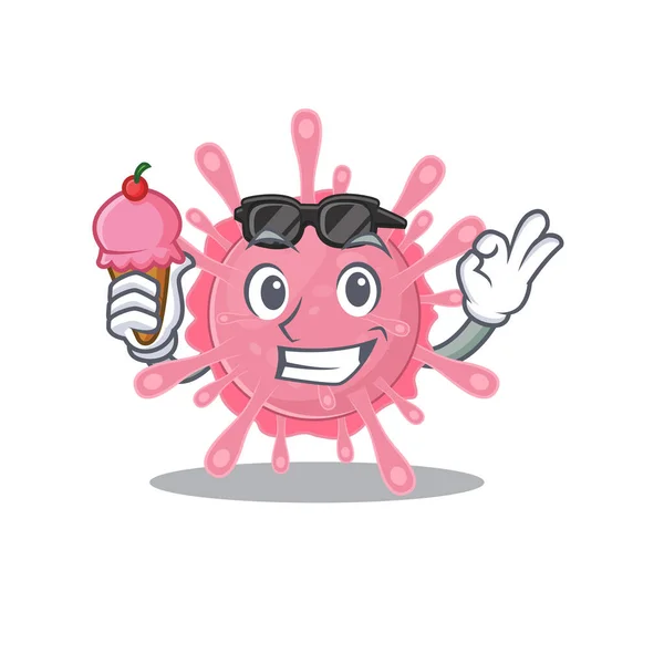 Personaggio dei cartoni animati del germe del virus corona che tiene un gelato — Vettoriale Stock