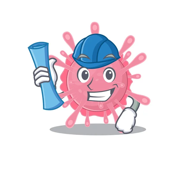 Architetto sorridente del germe del virus della corona con stampe blu e casco blu — Vettoriale Stock