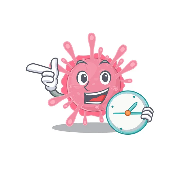 Cheerful corona virus germ cartoon character style with clock — ストックベクタ