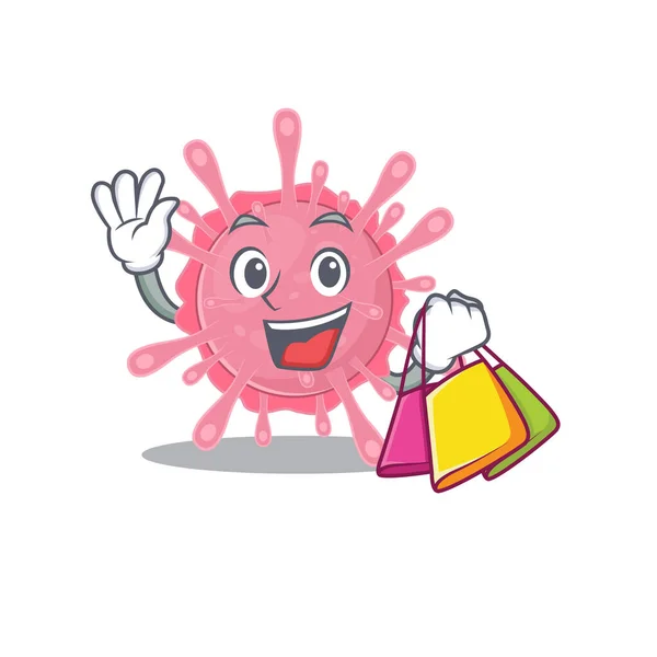 Happy rich corona virus germ mascot design waving and holding Shopping bag — Stockový vektor