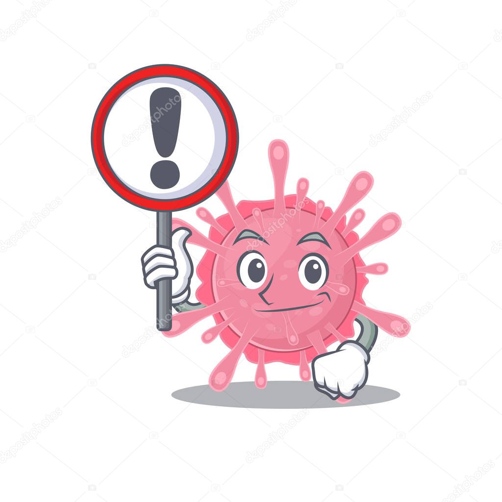 Cheerful cartoon style of corona virus germ holding a sign