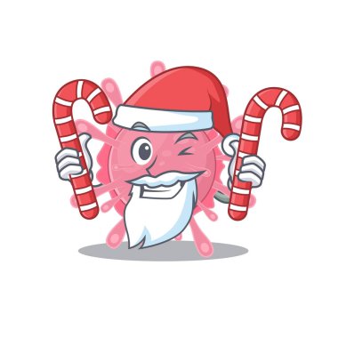 Friendly corona virus germ in Santa Cartoon character having candies
