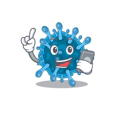 Mikroskobik korona virüsünün maskot tasarımı telefonda konuşuyor.