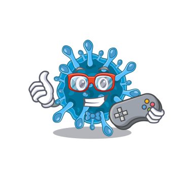 Mikroskobik korona virüsü maskot tasarım tarzında denetleyici ile harika bir oyuncu