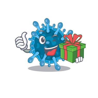Smiley microscopic corona virus cartoon character having a gift box clipart