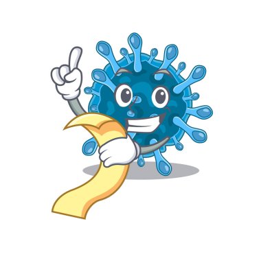 cartoon character of microscopic corona virus holding menu ready to serve