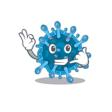 Microscopic coronavirus mascot cartoon design showing Call me gesture