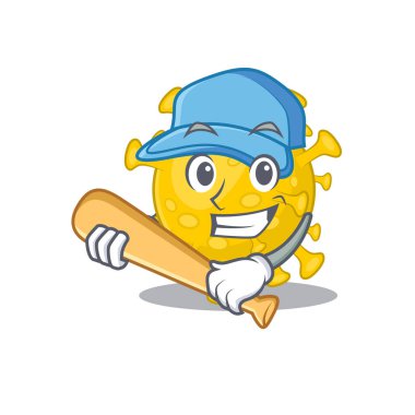 Mascot design style of corona virus diagnosis with baseball stick