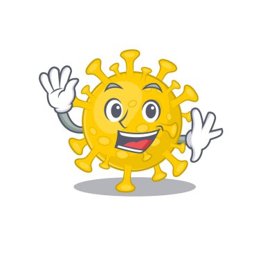 Smiley Corona virüs teşhisi. El sallayan maskot tasarımı.