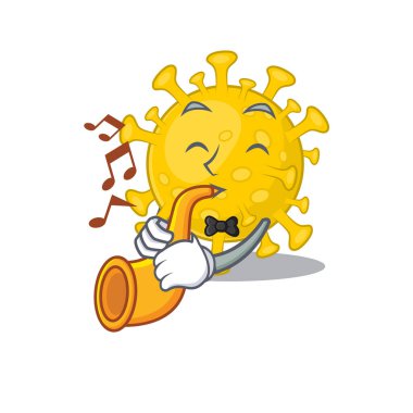 Corona virüsü tanısı çizgi film karakteri tasarımı trompet çalıyor