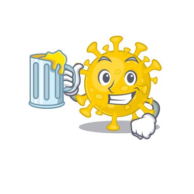 Neşeli Corona virüsü teşhisi maskot tasarımı ve bir bardak bira.