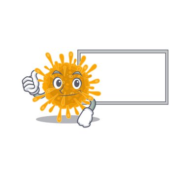 cute coronaviruses cartoon character Thumbs up bring a white board