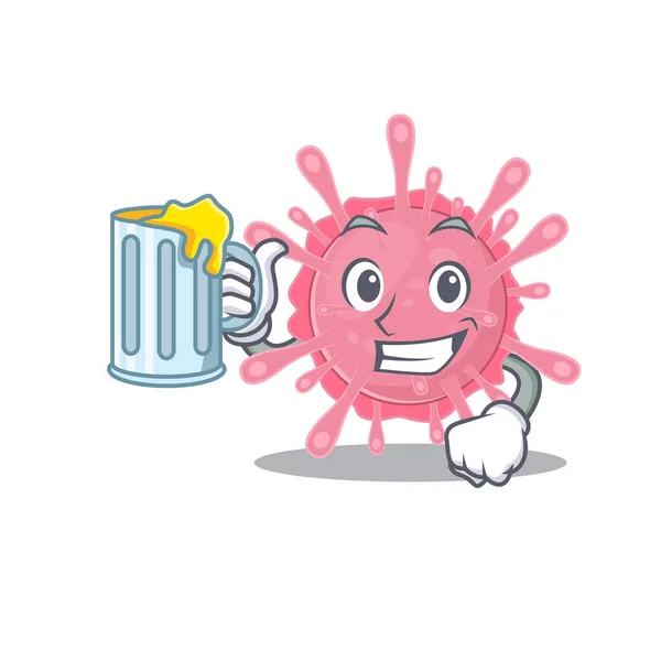 Alegre diseño de la mascota del germen del virus corona con un vaso de cerveza — Vector de stock