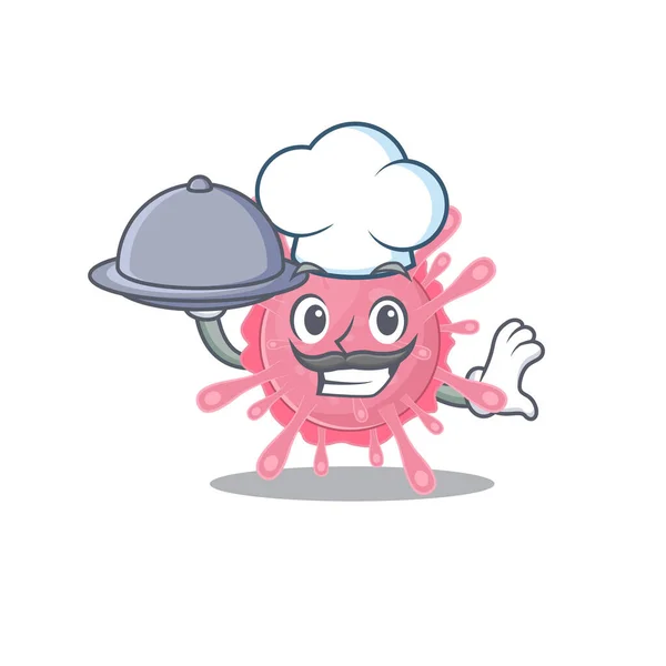 Corona virus germ as a chef cartoon character with food on tray — 图库矢量图片