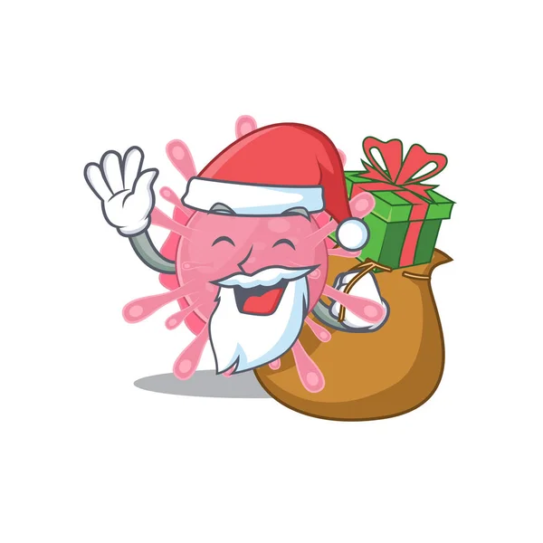 Santa corona virus germe Cartoon character design avec boîte de cadeau — Image vectorielle