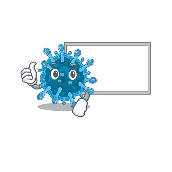 Mignon microscopique corona virus personnage de dessin animé pouces vers le haut apporter un tableau blanc — Image vectorielle