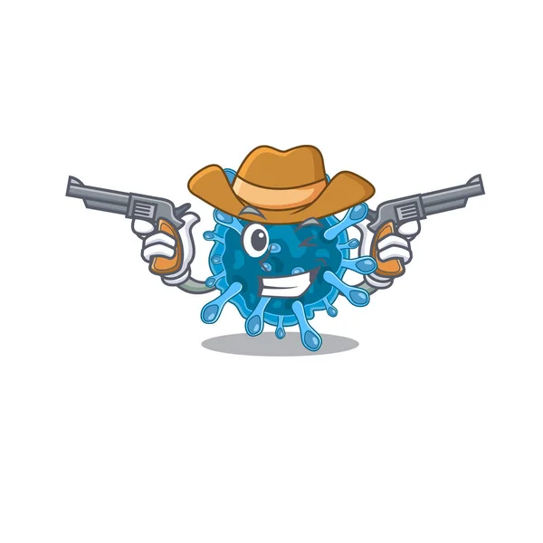 Vtipný mikroskopický korona virus jako kovboj kreslený postava drží zbraně — Stockový vektor