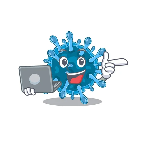 Um ícone de vírus corona microscópico inteligente trabalhando com laptop — Vetor de Stock