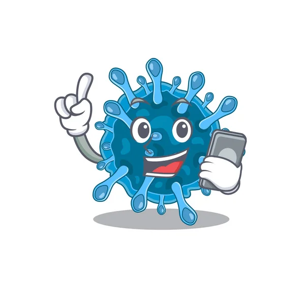 Diseño de la mascota del virus de la corona microscópica hablando por teléfono — Vector de stock