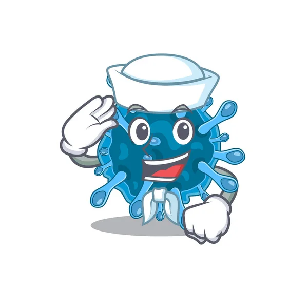 Cute microscopic corona virus Sailor cartoon character wearing white hat — Stock Vector