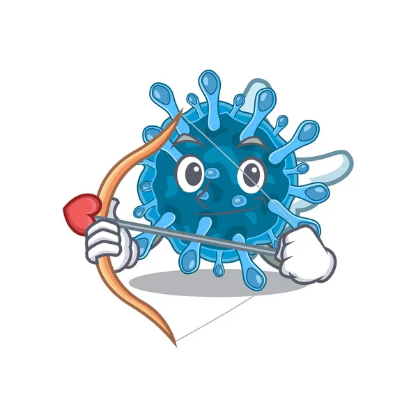 Imagem romântica do vírus microscópico da corona Personagem de desenho animado Cupido com seta e asas — Vetor de Stock