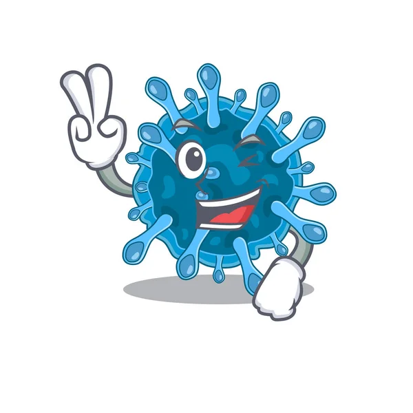 Alegre diseño microscópico mascota virus corona con dos dedos — Vector de stock