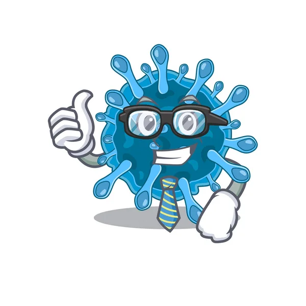 Microscópico corona virus hombre de negocios personaje de dibujos animados con gafas y corbata — Vector de stock