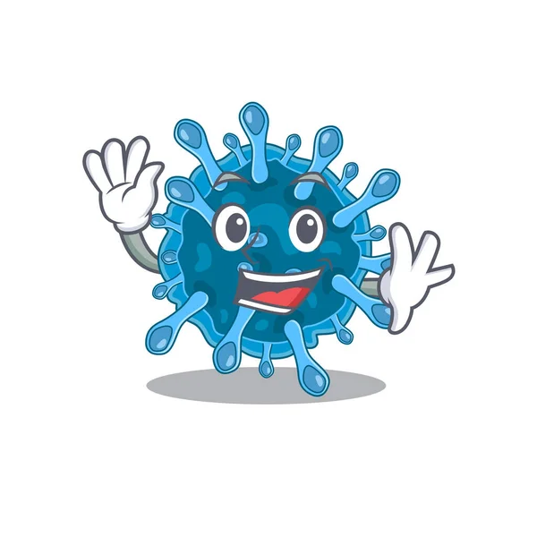 Gülen mikroskobik korona virüsü. El sallayan maskot tasarımı. — Stok Vektör